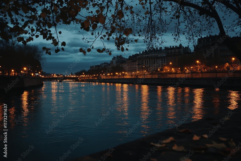 Poster evening view of riverside buildings reflecting in water during twilight in a tranquil urban setting
