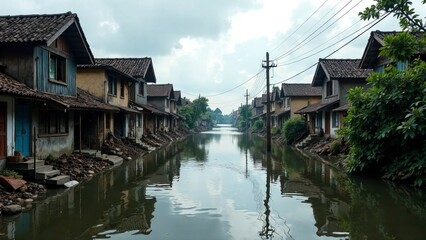 Obraz premium houses on the river. International Day of Action for Disaster Risk Reduction