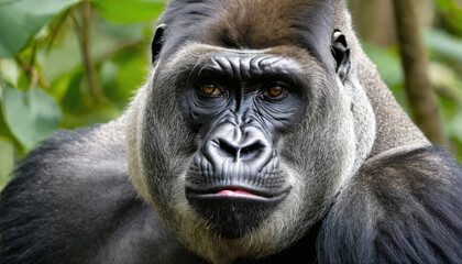 Fototapeta premium Majestic gorilla displaying expressive features in a lush forest setting during daylight hours