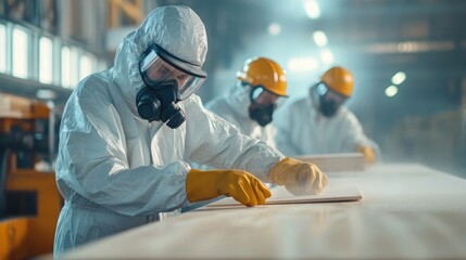 Skilled workers in protective gear sanding wood in a factory, showcasing safety and precision in an industrial setting