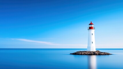 Majestic Lighthouse Standing Tall on Rugged Rocky Shore Under Clear Blue Sky with Gentle Waves Lapping at the Coastline in a Serene Coastal Scene