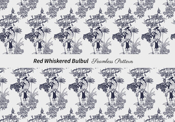 Han Drawn Seamless Pattern Red Whiskered Bulbul with Floral Accents