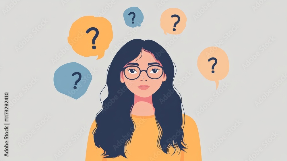 Poster thoughtful young woman with many questions and doubts, surrounded by colorful speech bubbles contain