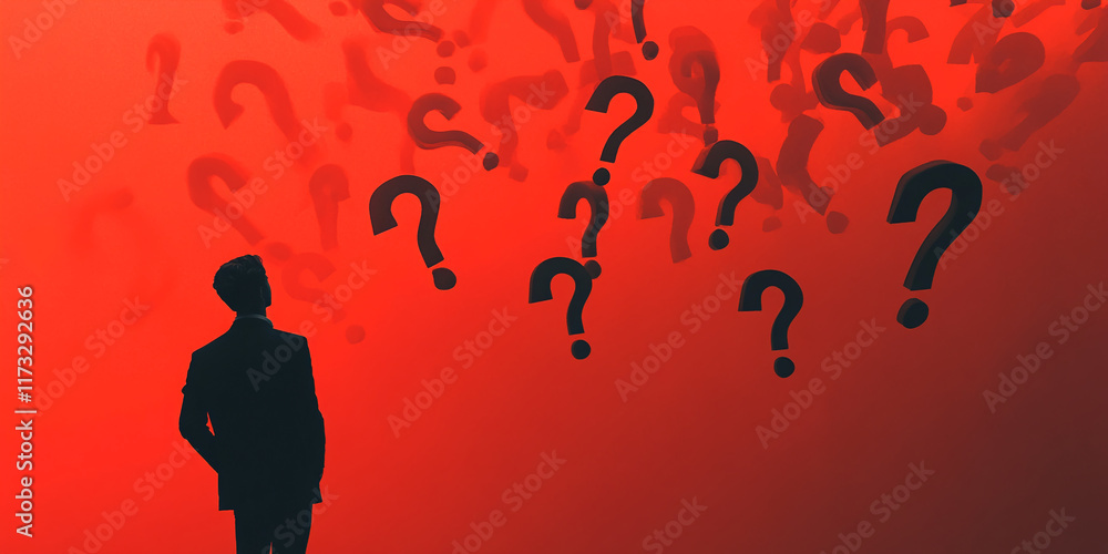 Poster Silhouette of a person contemplating under floating black question marks on a vibrant red background