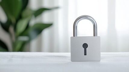 Fototapeta premium Silver padlock on a white surface with greenery backdrop.