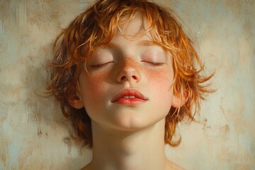 Young boy with ginger hair peacefully resting against a textured background in soft lighting during daytime