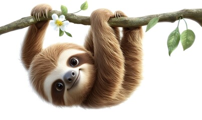 Obraz premium Cute sloth hanging on a branch, with leaves and flower.