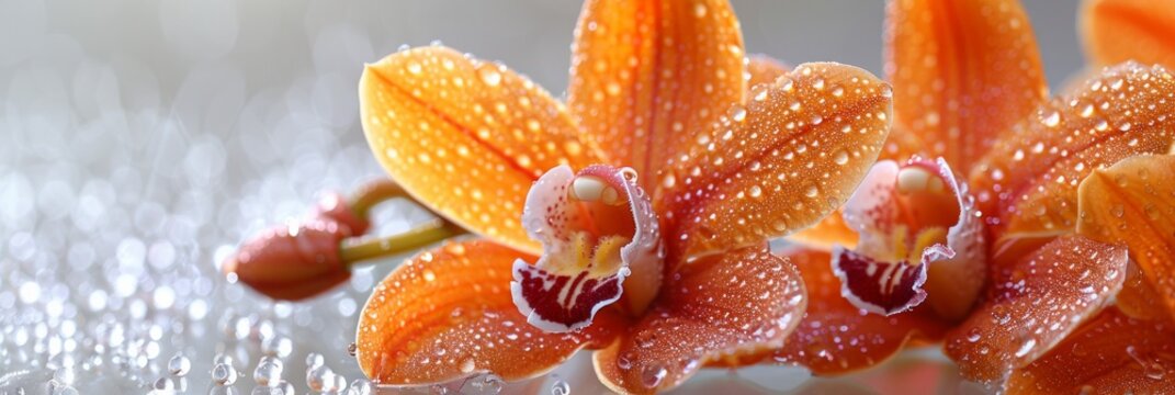 Close-up of two orange orchid petals covered in water droplets. AI generative. .