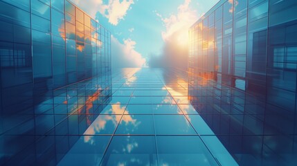 Obraz premium A low angle view of a glass building with reflections of clouds and a sunset sky. AI generative. .