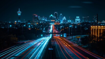 Obraz premium Night cityscape with light trails on highway leading towards skyscrapers. AI generative. .