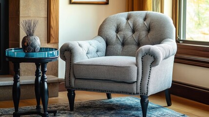 Grey armchair living room fireplace autumn sunlight