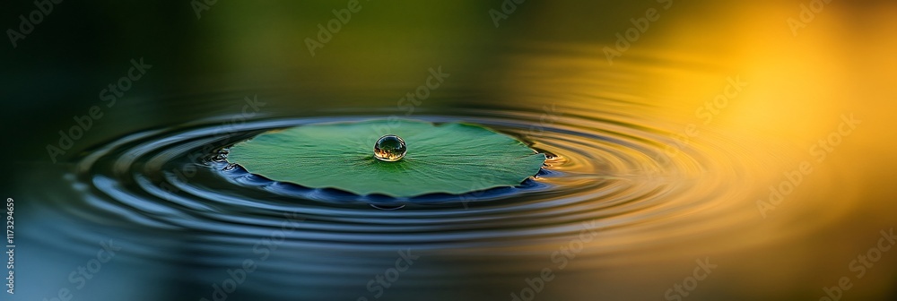 Aufkleber water droplet falling on a lotus leaf in a pond, creating concentric ripples.