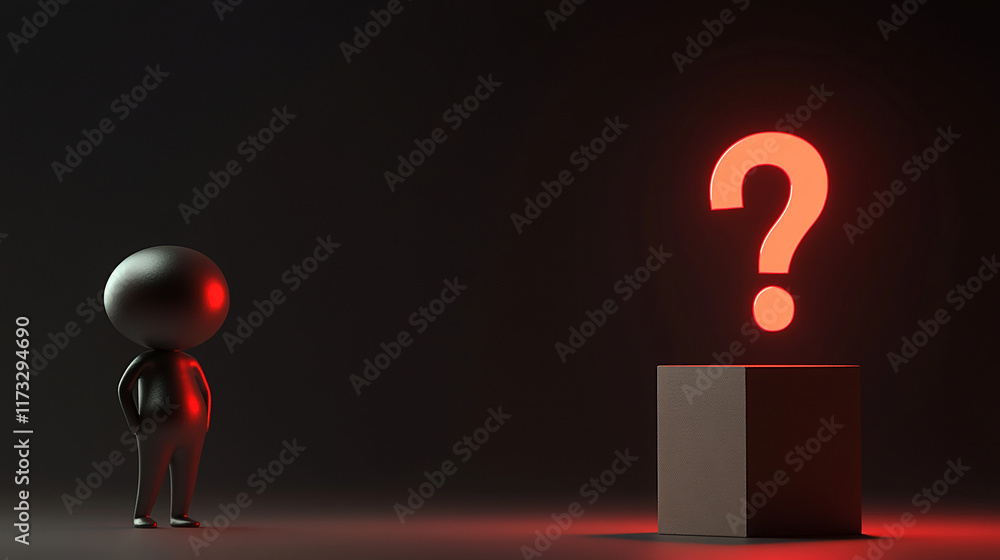 Aufkleber abstract glowing question mark above a pedestal with a metallic figure on a dark background