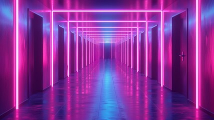 Neon pink lights illuminate a long hallway with doors on each side. AI generative. .