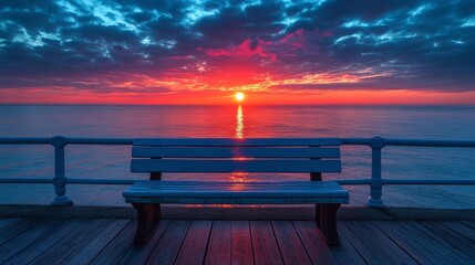 Serene sunrise over ocean, wooden bench on pier.