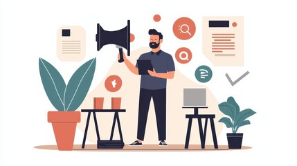 Marketing manager organizing a multichannel advertising campaign with a creative team, strategy, planning, decisionmaking