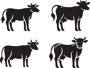 Cow vector black silhouette lineart logo icon set, animal isolated on white background, creative minimal clean detail mammal editable clipart bundle