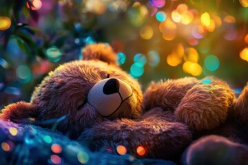 Soft teddy bear sleeping peacefully among colorful lights in a serene setting
