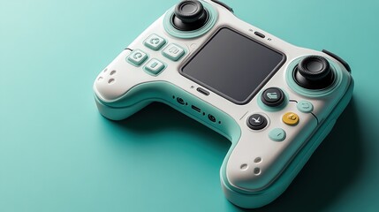 Modern white and teal handheld game controller with screen on teal background.