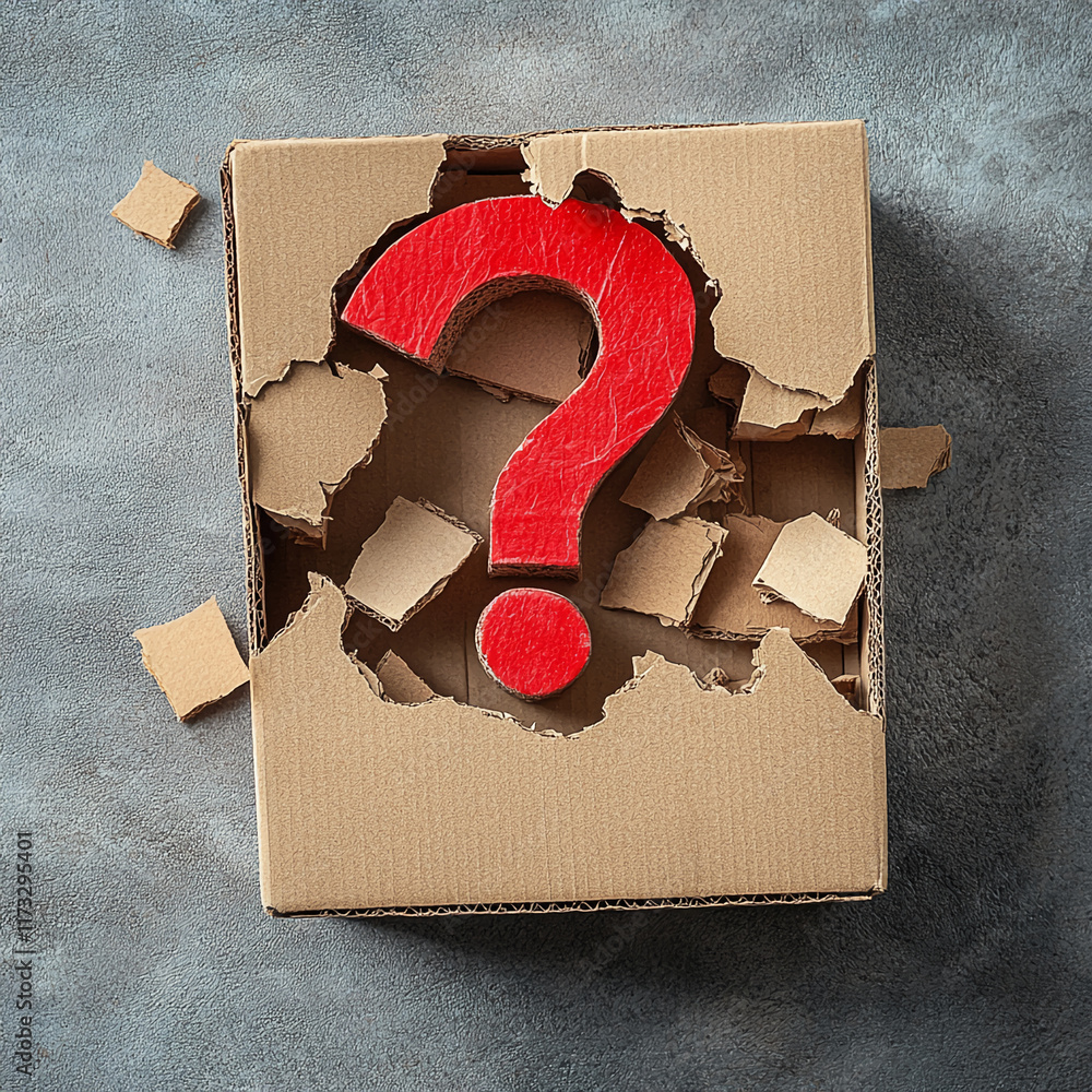 Poster Red large question mark breaking through cardboard box on textured surface background
