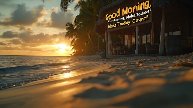 Sunrise beach hut with motivational sign. - Powered by Adobe