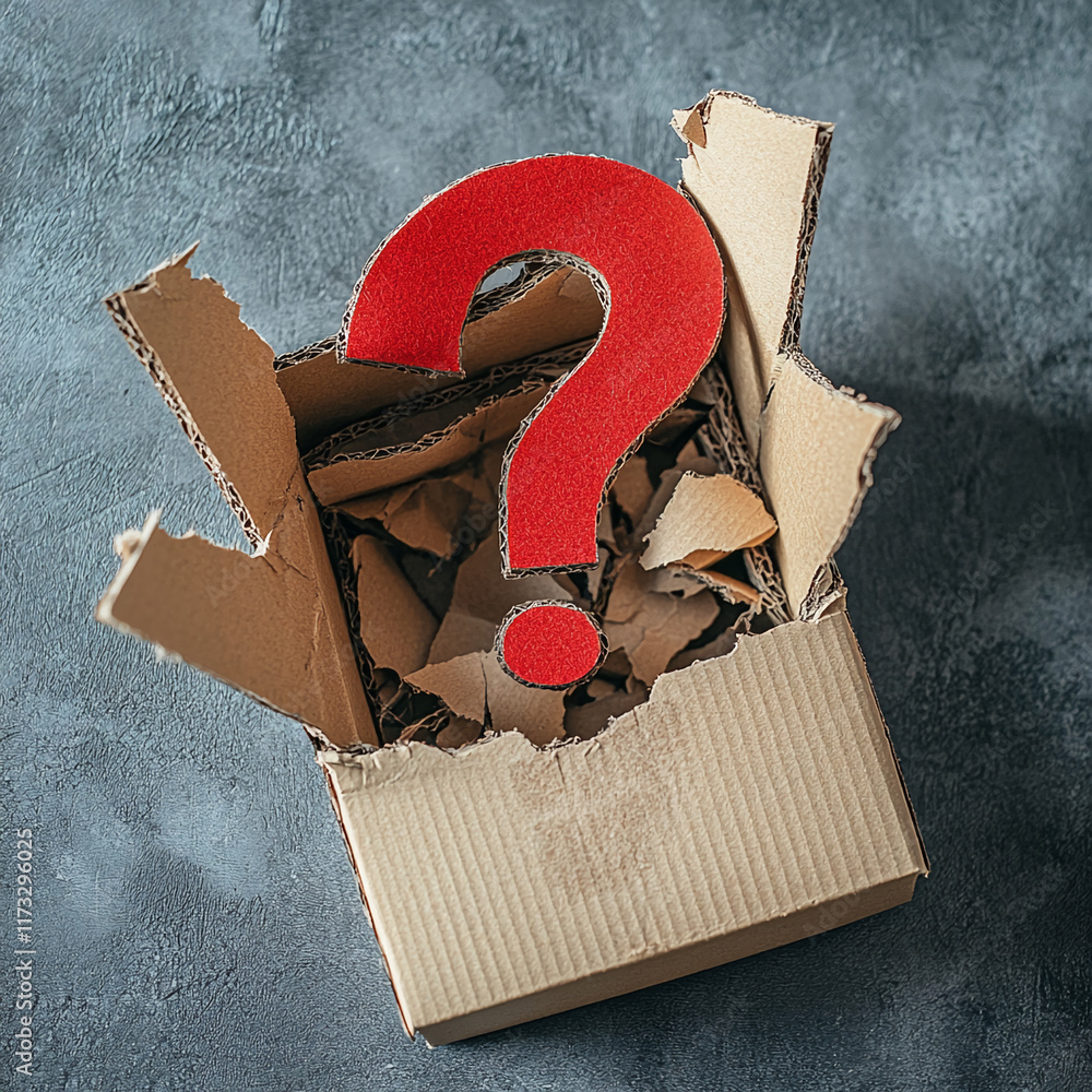 Poster Red large question mark breaking out of a cardboard box on a textured surface background