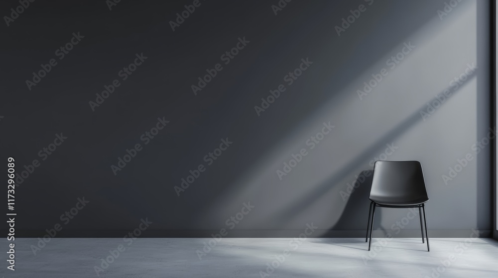 Poster sunlight illuminating a single chair in a modern minimalist room with a large empty dark gray wall a
