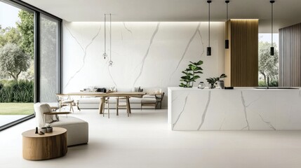 Modern kitchen and dining area with marble countertops and large windows overlooking a garden.