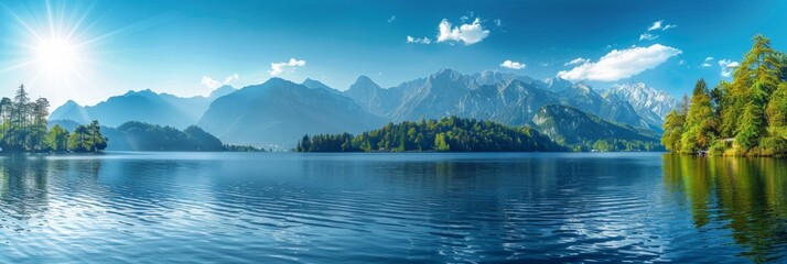 A serene mountain lake with lush green trees and a bright blue sky. AI generative. .
