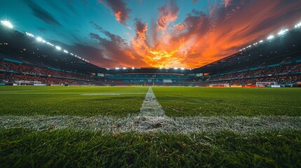 Close-up view of a soccer field, with a vibrant sunset sky and a packed stadium in the background....