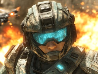 Close-up of soldier in futuristic helmet during intense battle.