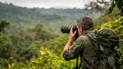 Wildlife photographer plotting camera placements in a remote jungle for maximum capture potential, strategy, planning, decisionmaking