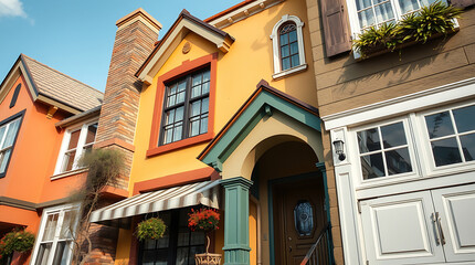 Obraz premium Row of colorful houses with varied architectural details. Dominated by yellow and orange hues, featuring visible windows, doors, awnings, and brick chimneys. One house has a teal-colored porch.