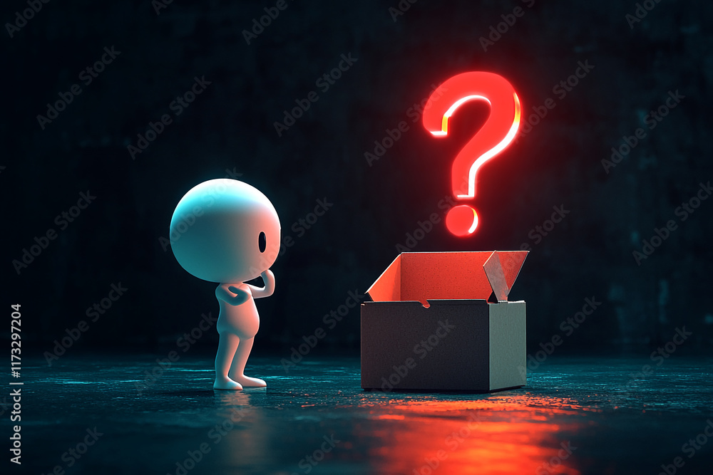 Poster Curious character observing a glowing red large question mark above an open cardboard box