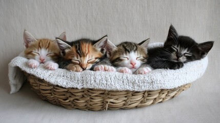 Four adorable kittens peacefully sleeping in a cozy woven basket.