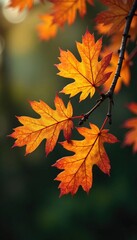 Obraz premium Orange oak leaves entwined with twigs on a wooden branch, macro, branch, texture