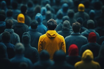 Obraz premium Individual in yellow jacket stands out among crowd during evening gathering in urban setting