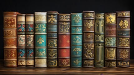 Naklejka premium A beautiful collection of vintage books lined up on a shelf. Their ornate covers capture the essence of history and literary treasures. A must-see for book lovers. Generative AI