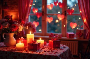 festive decor for Valentine's Day, heart-shaped decorations, flowers, candles and gifts, interior, evening setting, wide panorama, emphasizing the festive atmosphere, Valentine's Day, holiday decor