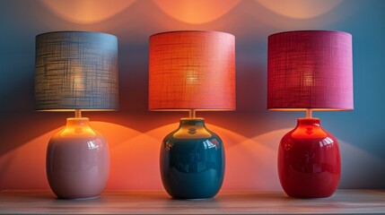 Three lamps with colorful shades on a wooden table. AI generative. .