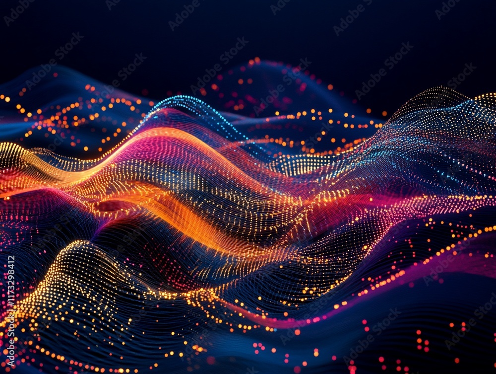 Fototapete abstract colorful wave of particles, glowing dots and lines forming a dynamic, flowing surface.