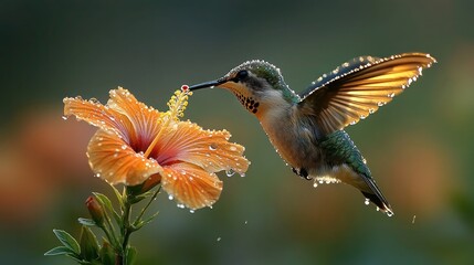Fototapeta premium Hummingbird feeding on an orange hibiscus flower, water droplets visible.
