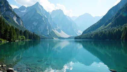 Peaceful lake scene with surrounding mountains and dense forest, water, landscape