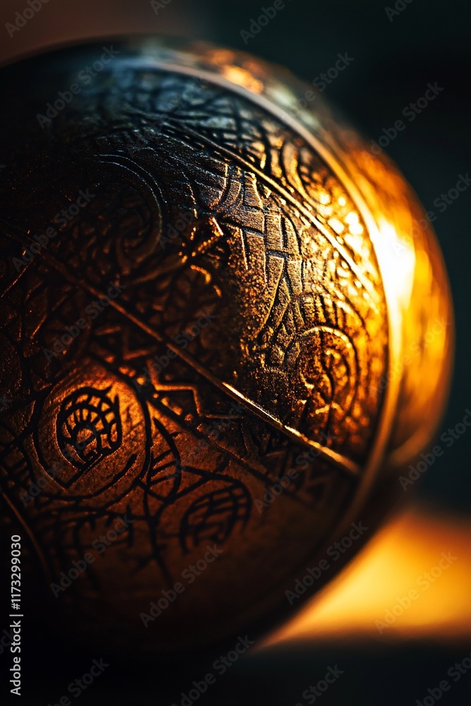 Poster Close-up of an intricately carved metallic orb, illuminated from below, showcasing detailed patterns and textures.