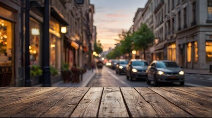 Fototapeta premium Table top on blurred city streets background.