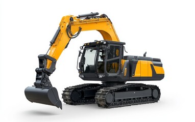 A modern excavator with a yellow arm, designed for construction and earth-moving tasks.
