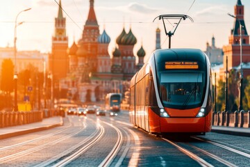 Naklejka premium A bustling Moscow street leading to the Kremlin, with modern trams passing and historic landmarks visible in the distance
