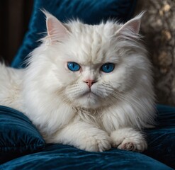 A fluffy white Persian cat with sparkling blue eyes lounging on a velvet cushion.