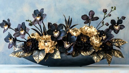 exquisite black and gold floral display featuring luxurious blooms, arranged with graceful foliage and set against a dark background for dramatic effect