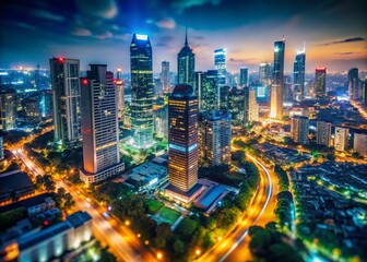 Fototapeta premium Jakarta CBD Night Miniature Drone Photography - Stunning Aerial View